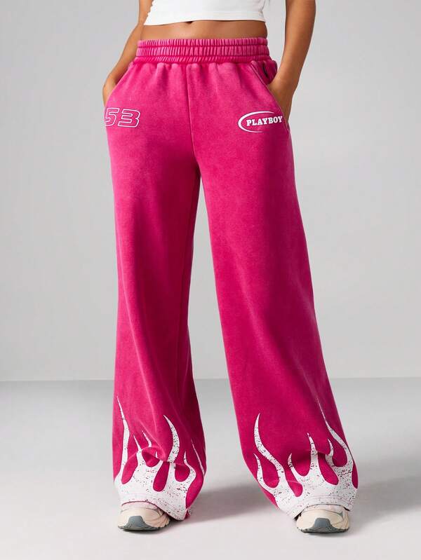 missguided Missguided x Playboy Wide Leg Sweatpants With White Flame Print Design