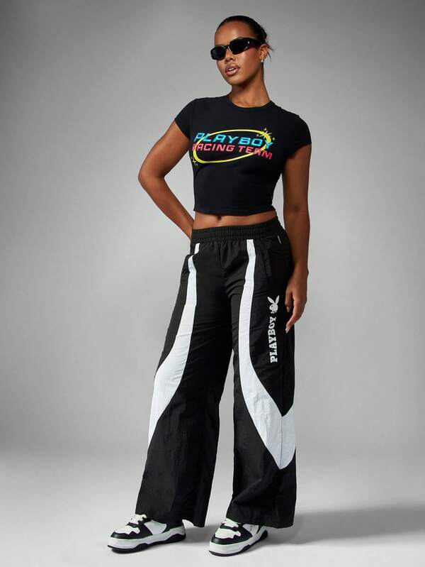 Missguided Missguided X Playboy Wide Leg Track Pants With Contrast Panel Design