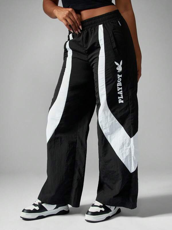 missguided Missguided x Playboy Wide Leg Track Pants With Contrast Panel Design