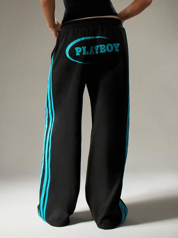 Missguided Missguided X Playboy Wide Leg Track Pants With Side Stripes And Drawstring