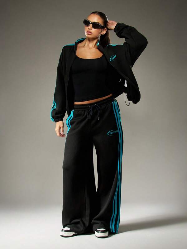 Missguided Missguided X Playboy Wide Leg Track Pants With Side Stripes And Drawstring