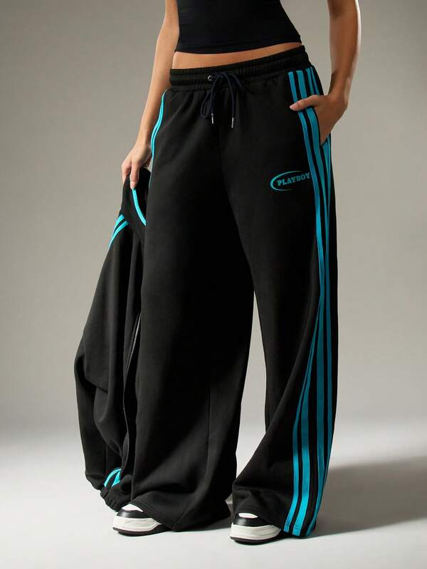 missguided Missguided x Playboy Wide Leg Track Pants With Side Stripes And Drawstring