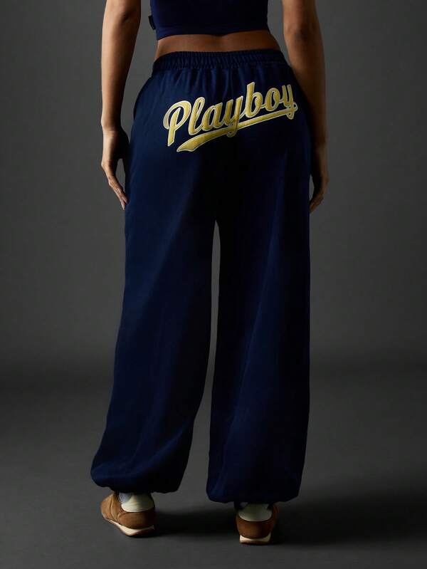 missguided Missguided x Playboy Wide Leg Varsity Jogger Pants With Number Graphics