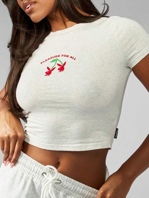 missguided Missguided x Playboy Women's Cotton Knit Cherry Printed Baby Tee Crop Top
