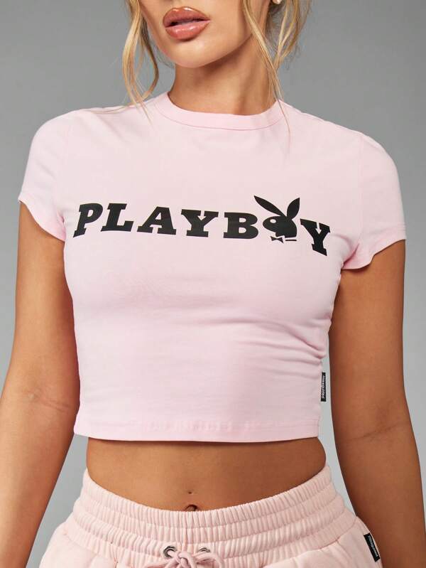 missguided Missguided x Playboy Women's Logo Print Baby Crop Athleisure Tee