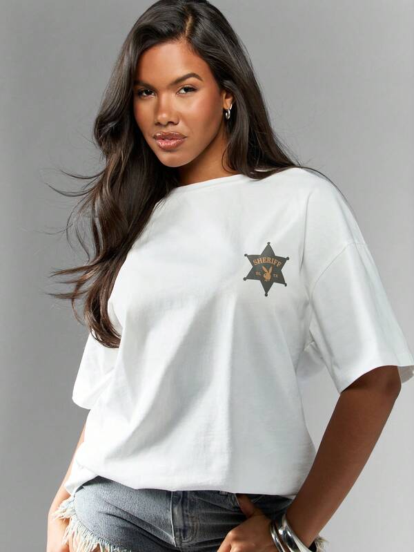 Missguided Missguided X Playboy Women's Oversized Western Cowgirl Graphic Tee Shirt