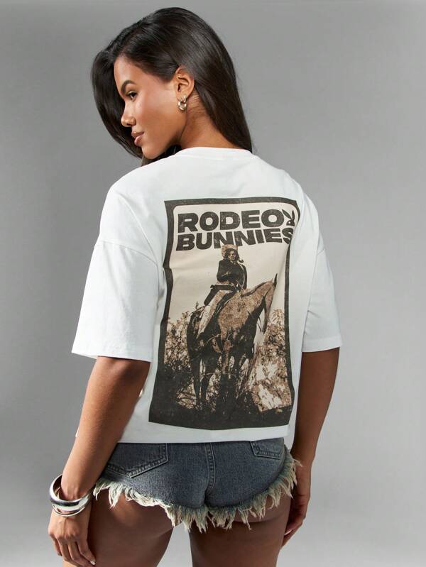 missguided Missguided x Playboy Women's Oversized Western Cowgirl Graphic Tee Shirt