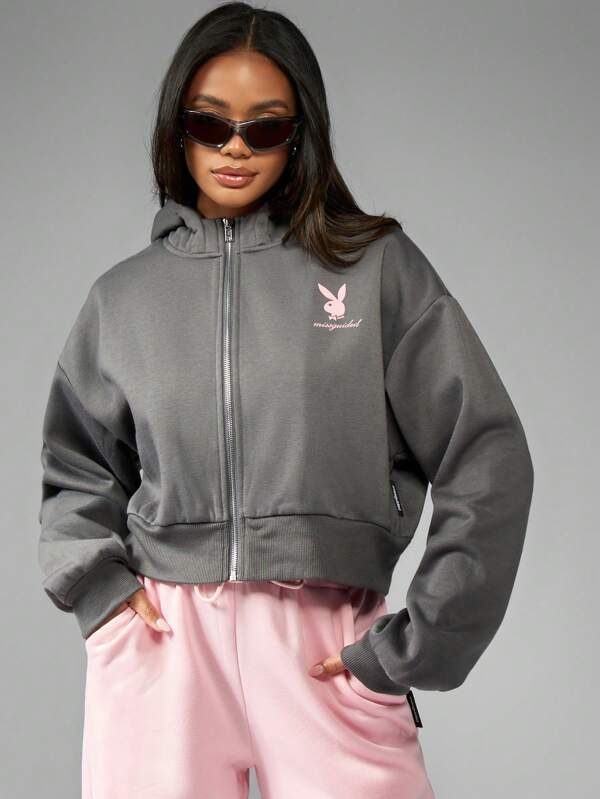 Missguided Missguided X Playboy Women Sweatshirts Retro Bunny Cropped Zip-Up Hoodie