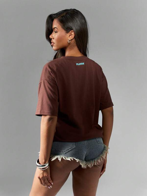 Missguided Missguided X Playboy Women T-Shirts Oversized Brown Graphic Horseshoe Print