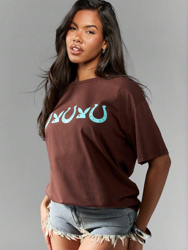 Missguided Missguided X Playboy Women T-Shirts Oversized Brown Graphic Horseshoe Print