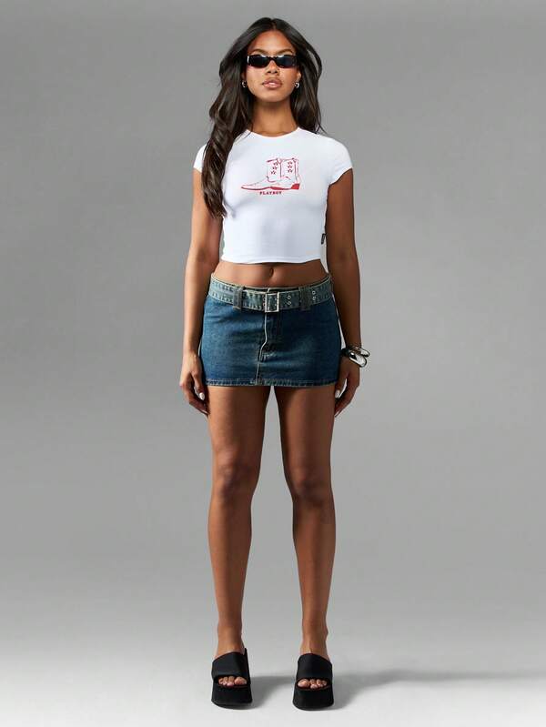 Missguided Missguided X Playboy Women Tops Cotton Short Sleeve Western Cowboy Graphic Crop Top