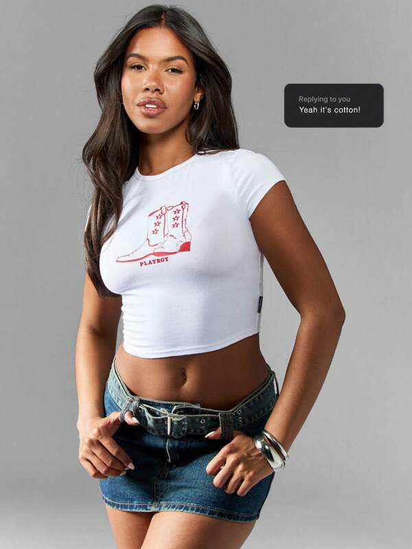missguided Missguided x Playboy Women Tops Cotton Short Sleeve Western Cowboy Graphic Crop Top