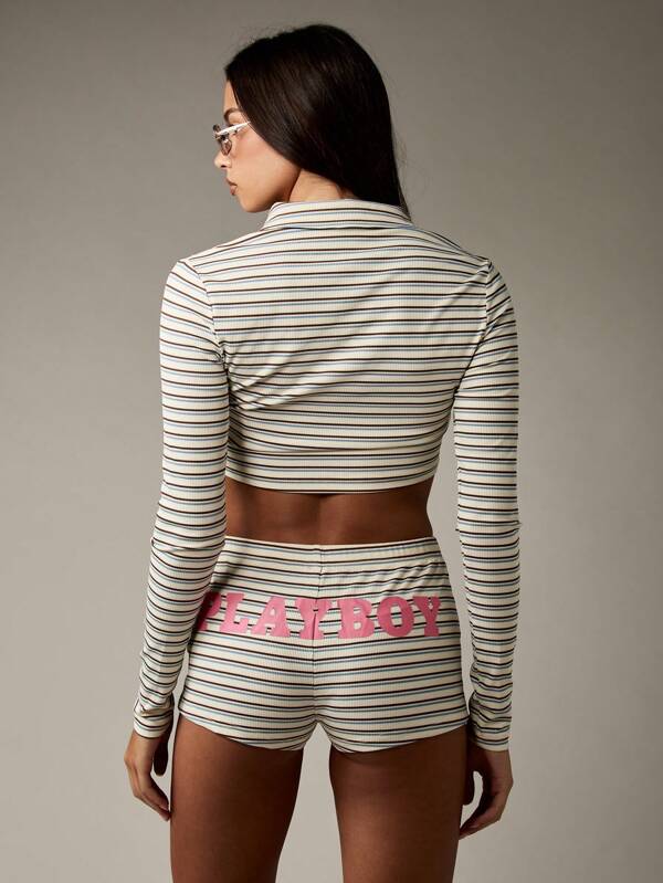 Missguided Missguided X Playboy Women Two-Piece Outfits Retro Style Ribbed Striped Lounge Set