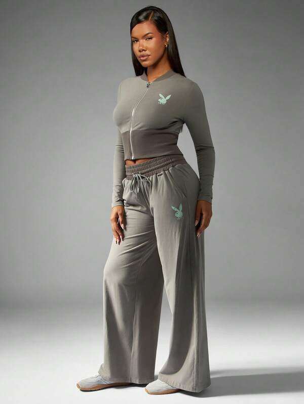 missguided Missguided x Playboy Zip Front Crop Top With Wide Leg Pants