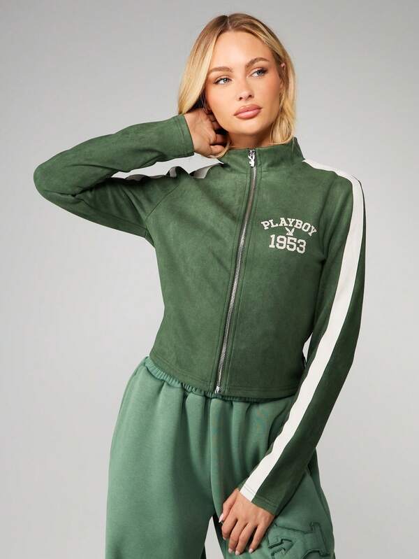 missguided Missguided x Playboy Zip Front Track Jacket With Side Stripes