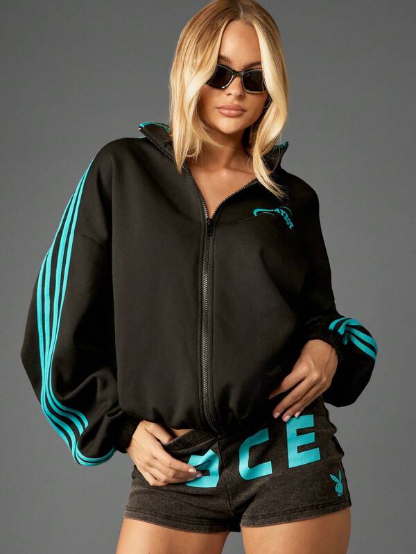 Missguided Missguided X Playboy Zip Through Funnel Neck Sweatshirt With Side Stripes