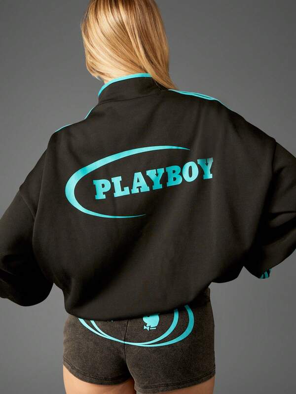 missguided Missguided x Playboy Zip Through Funnel Neck Sweatshirt With Side Stripes