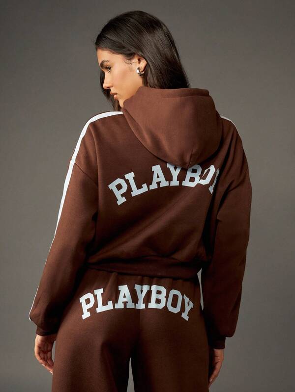 Missguided Missguided X Playboy Zip Through Hooded Cropped Sweatshirt With Stripes