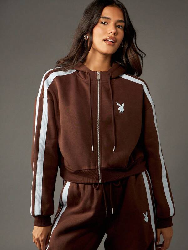 Missguided Missguided X Playboy Zip Through Hooded Cropped Sweatshirt With Stripes