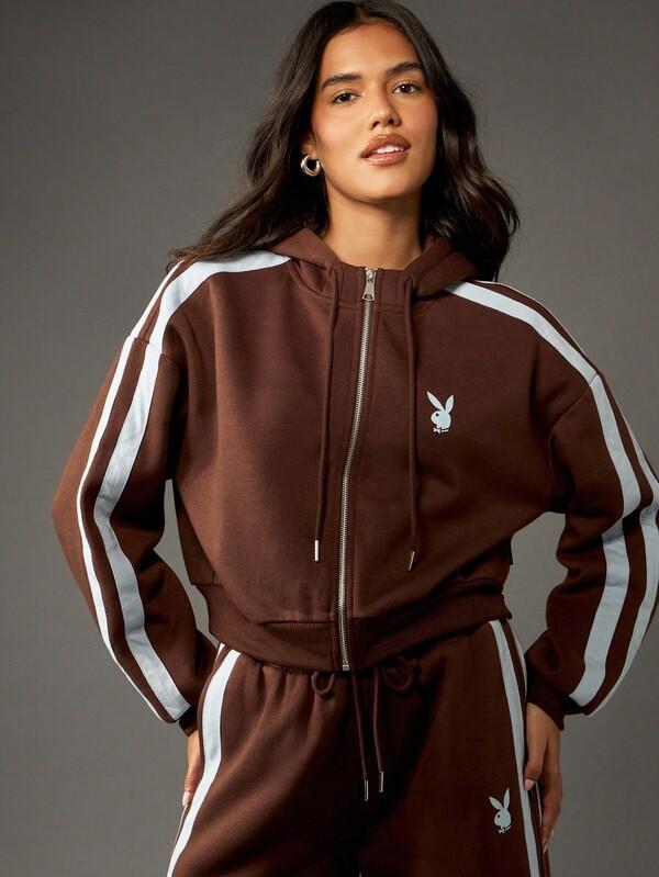missguided Missguided x Playboy Zip Through Hooded Cropped Sweatshirt With Stripes