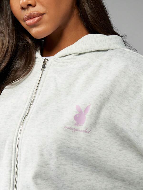 Missguided Missguided X Playboy Zip Up Hooded Sweatshirt With Bunny Logo