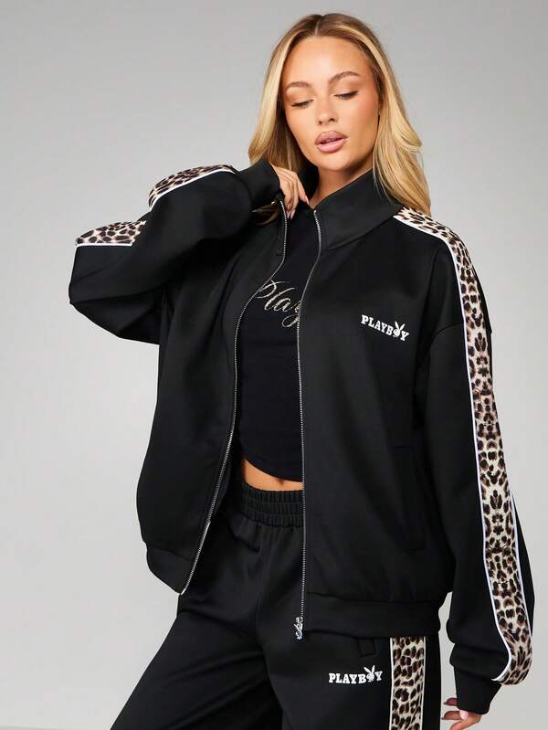 Missguided Missguided X Playboy Zip Up Sweatshirt With Leopard Print Panels