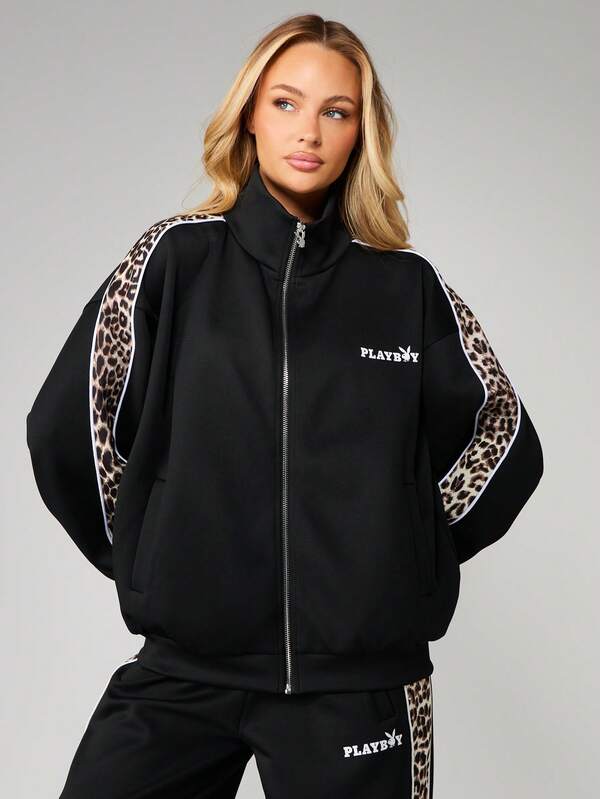 missguided Missguided x Playboy Zip Up Sweatshirt With Leopard Print Panels