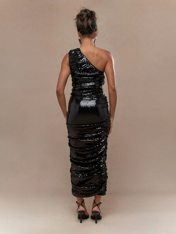 Missguided MISSGUIDED Y2K Futuristic Sequin Asymmetric One Shoulder Ruched Maxi Dress