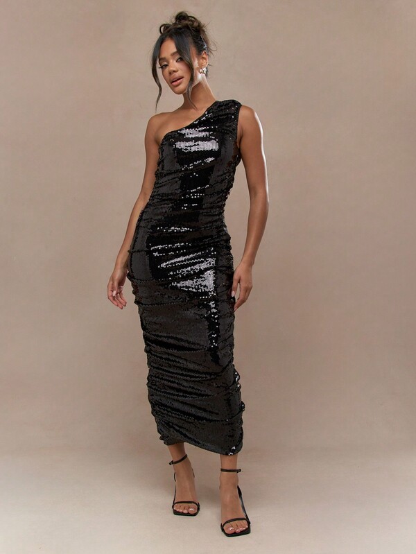 Missguided MISSGUIDED Y2K Futuristic Sequin Asymmetric One Shoulder Ruched Maxi Dress