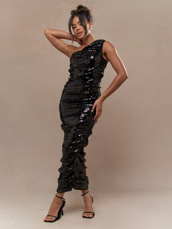 missguided MISSGUIDED Y2K Futuristic Sequin Asymmetric One Shoulder Ruched Maxi Dress