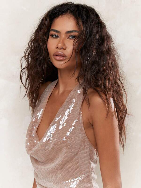 Missguided MISSGUIDED Y2K Futuristic Sequin Cowl Halter Neck Backless Bodycon Mini Dress