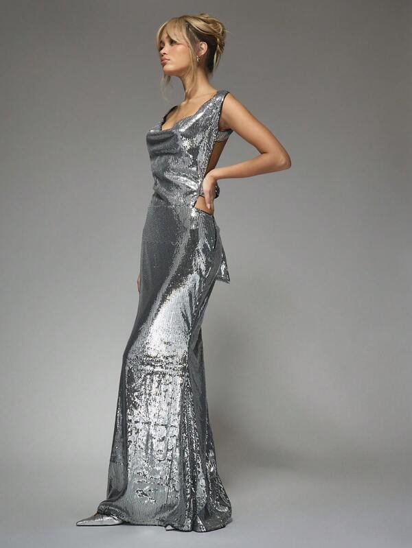 Missguided MISSGUIDED Y2K Futuristic Sequin Cowl Neck Bow Detail Backless Flare Hem Maxi Dress For Party