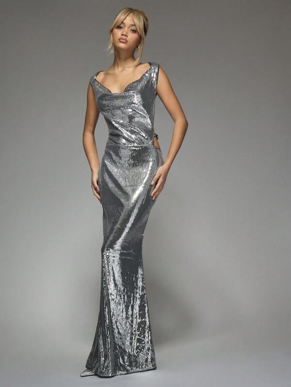 missguided MISSGUIDED Y2K Futuristic Sequin Cowl Neck Bow Detail Backless Flare Hem Maxi Dress For Party