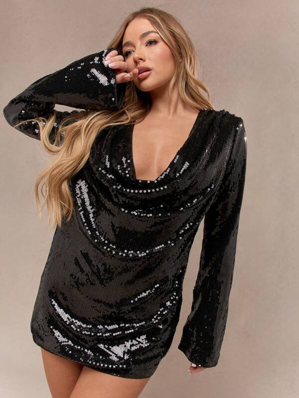 missguided MISSGUIDED Y2K Futuristic Sequin Cowl Neck Long Sleeves Mini Dress