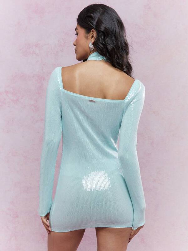Missguided MISSGUIDED Y2K Futuristic Sequin Cut-Out Halter Neck Long Sleeves Bodycon Maxi Dress