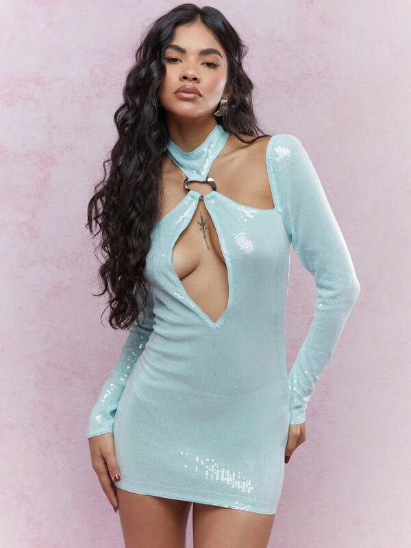 missguided MISSGUIDED Y2K Futuristic Sequin Cut-Out Halter Neck Long Sleeves Bodycon Maxi Dress
