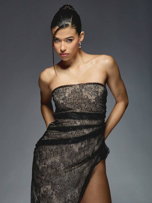 Missguided MISSGUIDED Y2K Futuristic Sequin Embellished Lace Draped Side Slit Bandeau Maxi Dress