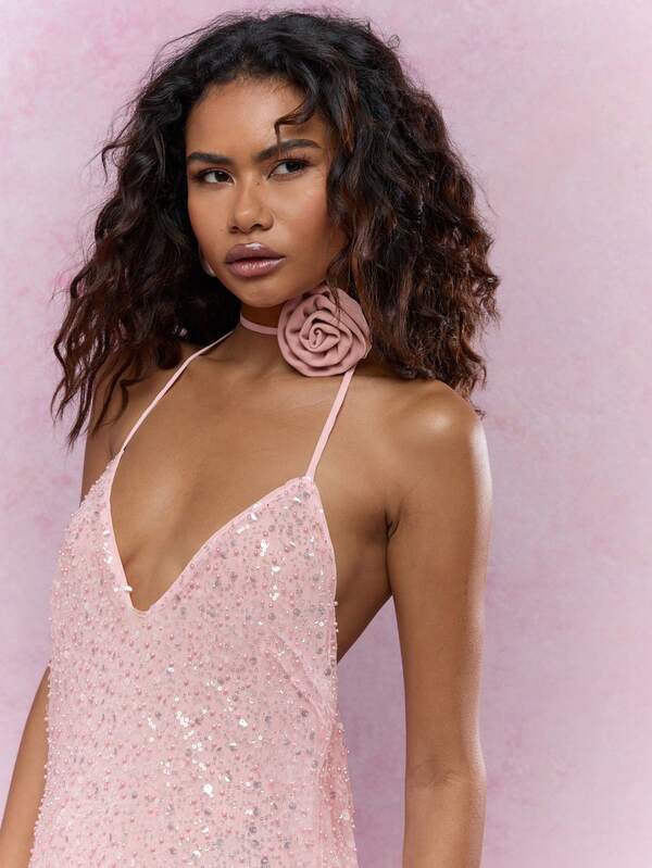 Missguided MISSGUIDED Y2K Futuristic Sequin Halter Neck Backless Godet Maxi Dress