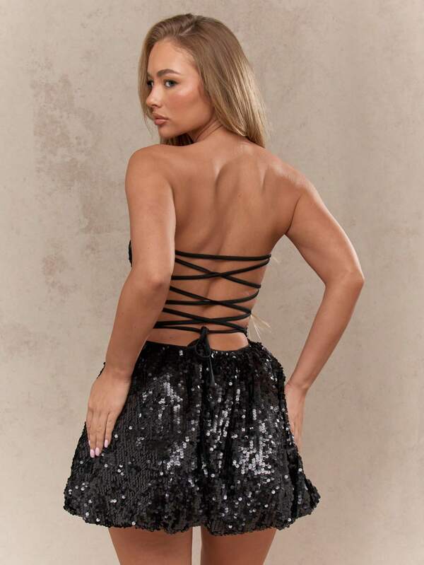 Missguided MISSGUIDED Y2K Futuristic Sequin Lace Up Back Bubble Mini Bandeau Dress