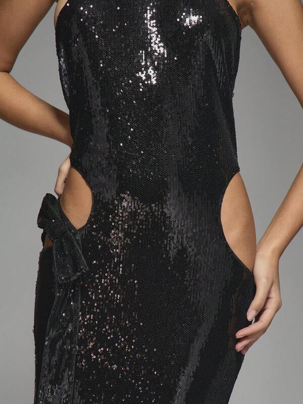 Missguided MISSGUIDED Y2K Futuristic Sequin Polo Halter Neck Side Cut Out Bow Detail Flare Hem Maxi Dress