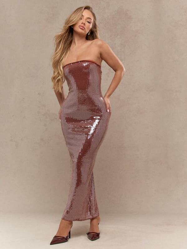 missguided MISSGUIDED Y2K Futuristic Sequin Slit Back Bodycon Bandeau Maxi Dress