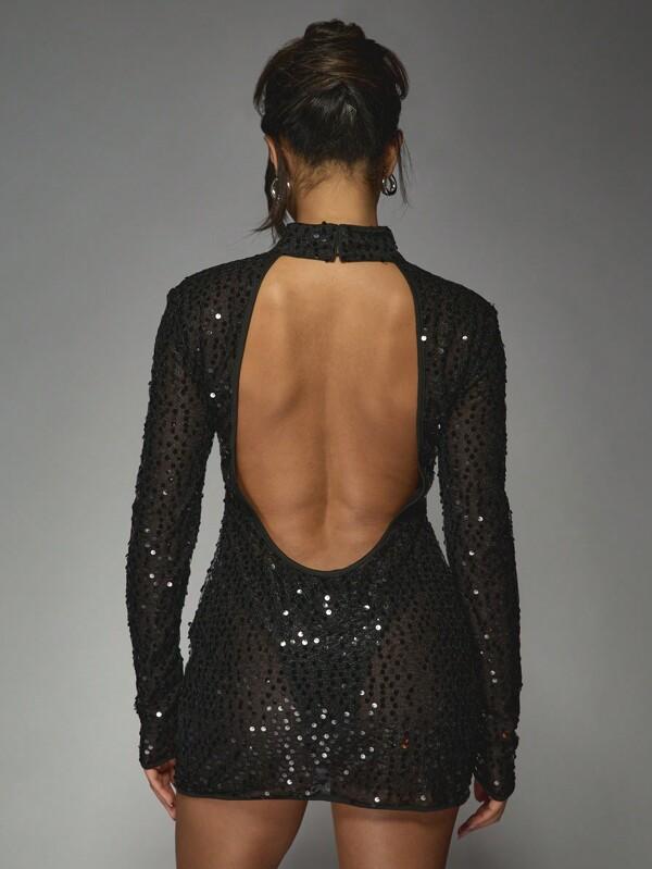 Missguided MISSGUIDED Y2K Futuristic Sheer Sequin High Neck Long Sleeves Bodycon Mini Dress