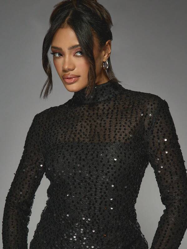 Missguided MISSGUIDED Y2K Futuristic Sheer Sequin High Neck Long Sleeves Bodycon Mini Dress