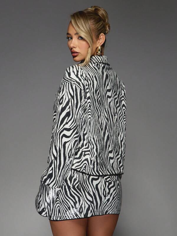 Missguided MISSGUIDED Y2K Futuristic Zebra Sequin Long Sleeve Shirt And Bodycon Mini Skirt Two Piece Co Ord Set