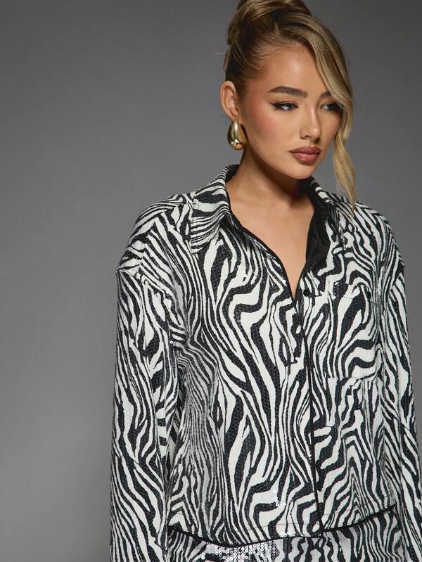 Missguided MISSGUIDED Y2K Futuristic Zebra Sequin Long Sleeve Shirt And Bodycon Mini Skirt Two Piece Co Ord Set