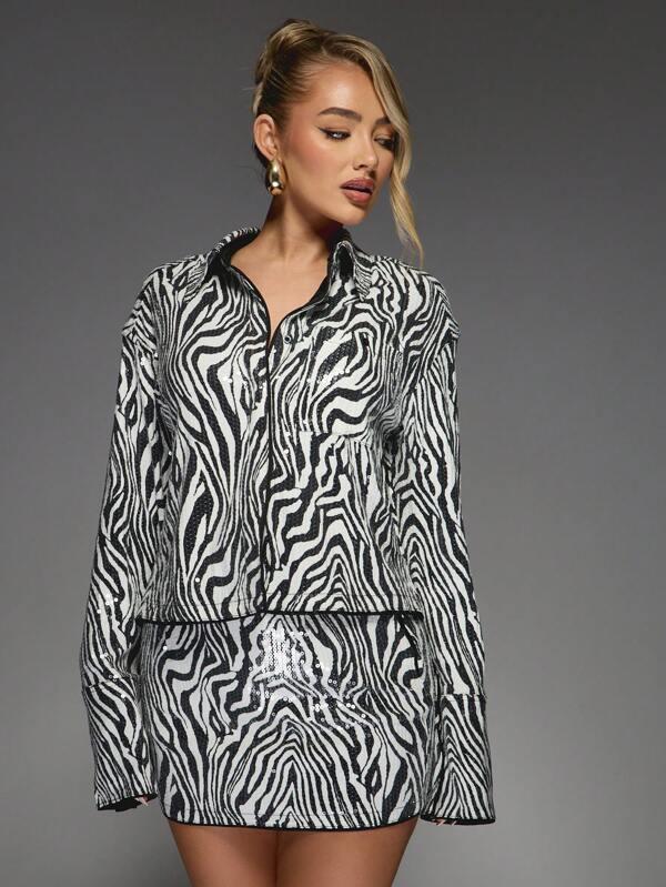 missguided MISSGUIDED Y2K Futuristic Zebra Sequin Long Sleeve Shirt And Bodycon Mini Skirt Two Piece Co Ord Set