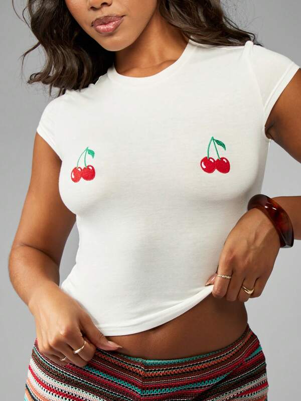 Missguided MISSGUIDED Y2k Style Cherry Print Fitted Crop Tee