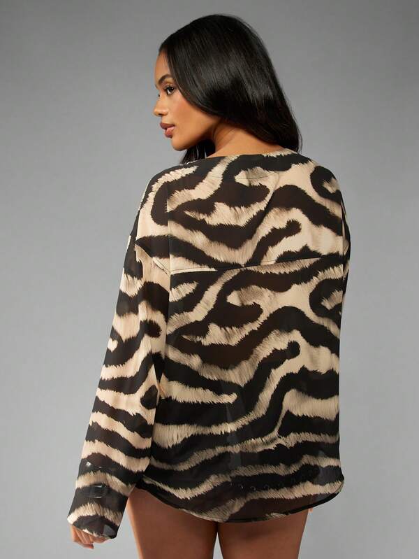 Missguided MISSGUIDED Zebra Print Chiffon Blouse With Lace Up Front