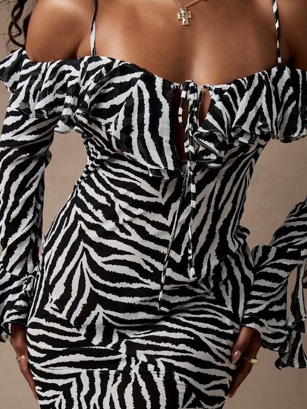 Missguided MISSGUIDED Zebra Print Chiffon Cold Shoulder Ruffle Long Sleeve Midi Dress