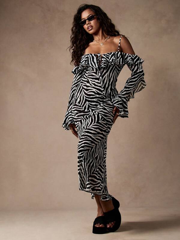 missguided MISSGUIDED Zebra Print Chiffon Cold Shoulder Ruffle Long Sleeve Midi Dress